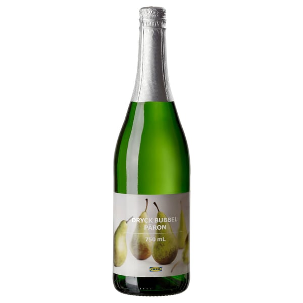 Green glass bottle of IKEA pear dryck bubbel sparkling drink, 750ml, with silver foil top.