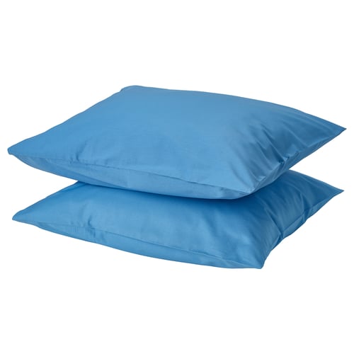 Two stacked square blue DVALA cotton pillowcases with envelope closure.