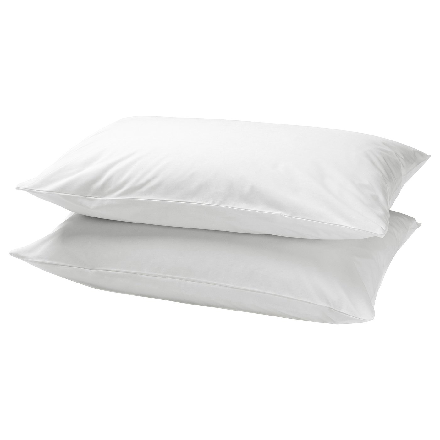 Two white, rectangular pillows stacked neatly, made of soft cotton, smooth and simple design.