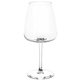 Clear, elegant wine glass with long stem and round bowl.