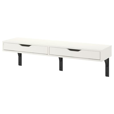 White wall-mounted desk with two drawers and black metal supports.