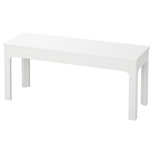 White rectangular bench, minimalist design with four legs.