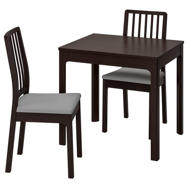 The EKEDALEN set a dark brown extendable table and two matching chairs with gray cushions.