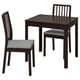 The EKEDALEN set a dark brown extendable table and two matching chairs with gray cushions.
