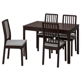 This image shows an EKEDALEN dark brown wooden dining set with four chairs and a rectangular table, featuring cushioned seats.