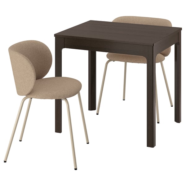 Dark wood square dining table with two beige armchairs, sleek and modern.