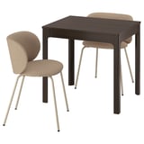 Dark wood square dining table with two beige armchairs, sleek and modern.