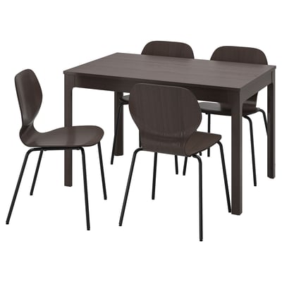 Black wooden dining table with four matching chairs, square shape, clean lines.