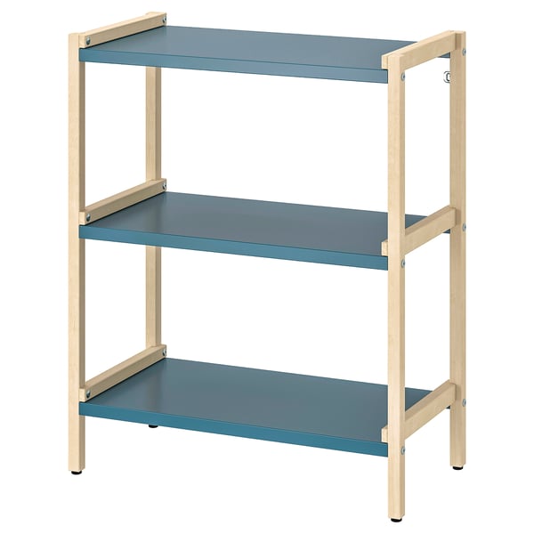 Depicts an EKENABBEN shelving unit in blue and light wood, featuring three open shelves.