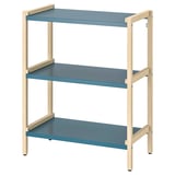 Depicts an EKENABBEN shelving unit in blue and light wood, featuring three open shelves.