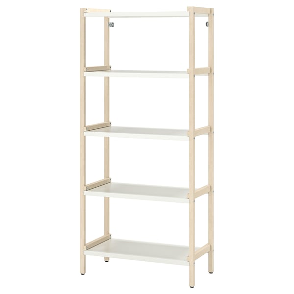 Ikea EKENABBEN white metal and wood shelving unit with four empty shelves.
