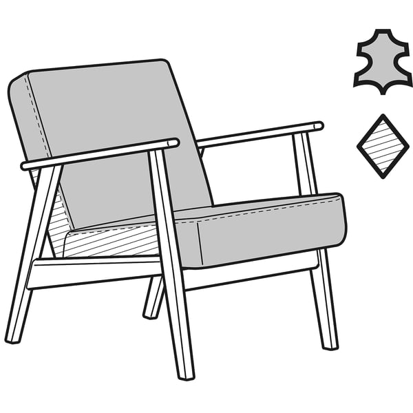 Grey EKENÄSET chair with leather cushions and armrests.