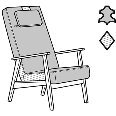 Grey EKENÄSET chair with leather cushions, modern design, high back, sturdy wooden legs.
