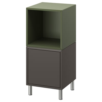 EKET storage unit, olive green & black, open and closed cabinets, metal legs.