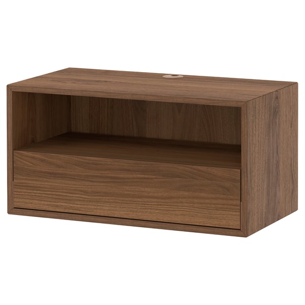 EKET media shelf, brown, wooden, rectangular, two-tiered, open shelf.