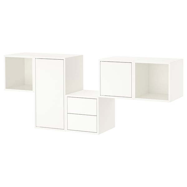 Three-piece white wall-mounted storage set, featuring mix of open and closed cabinets with sleek, minimalist design.