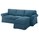EKTORP sectional sofa, blue, linen-like. L-shape with rolled arms, thick cushions.