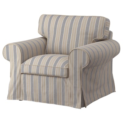 Striped armchair, beige & grey, rolled arms, comfy cushions, neutral design.