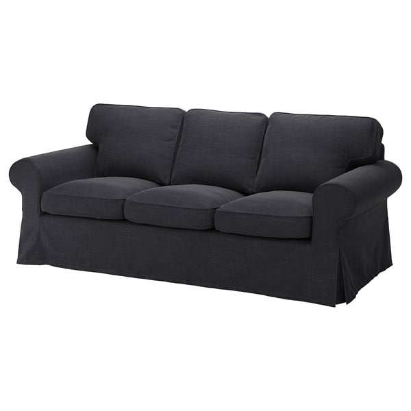 Modern gray EKTORP sofa, upholstered in hillared fabric, rolled arms and a boxy design.
