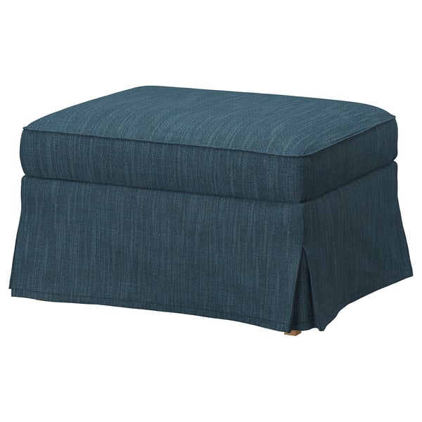 A blue EKTORP footstool, rectangular, with soft, pleated design. Made from cotton, polyester, viscose, and linen blend.