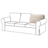 EKTORP beige sofa, three seats, rolled arms, lined back, white legs, polyester cushions.