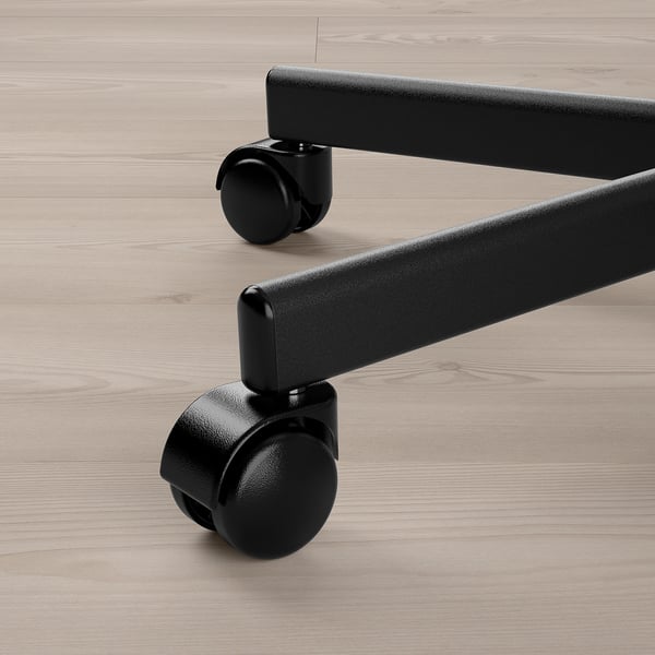 Black office chair with sturdy casters and adjustable height, ensuring stability and comfort.