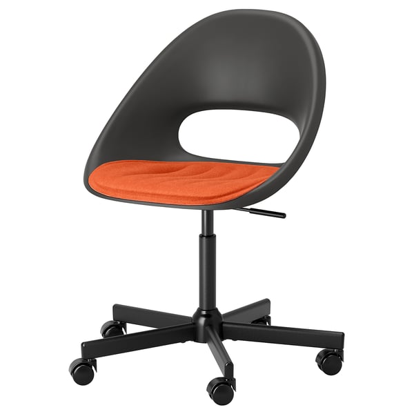 Black office chair with orange seat, five wheels, adjustable height, modern design.