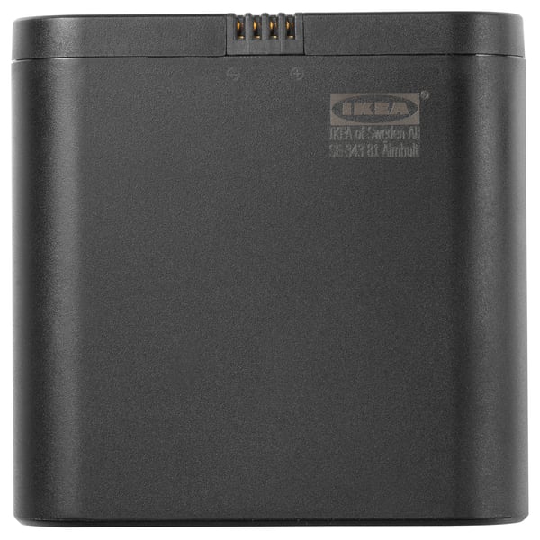 Black ENEBY battery by ikea, rectangular, made of polycarbonate plastic, for portable speaker power.