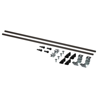 ENHET kitchen island parts: 2 black rods, screws, clips, and brackets for assembly.