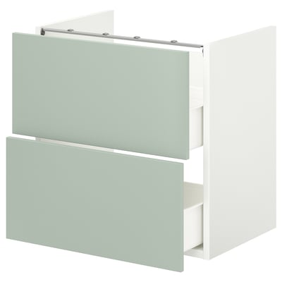 A light green two-drawer bathroom cabinet with a sleek design.
