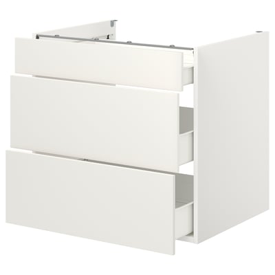 ENHET white kitchen cabinet with 3 drawers. Modern, clean design with steel drawers. Ideal for organizing kitchen tools.