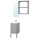 Modern grey bathroom vanity set with sleek mirror and black metal towel rail.