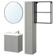 This image a light gray ENHET bathroom set including a tall cabinet, shallow vanity with basin, circular mirror, and wall-mounted shelf.