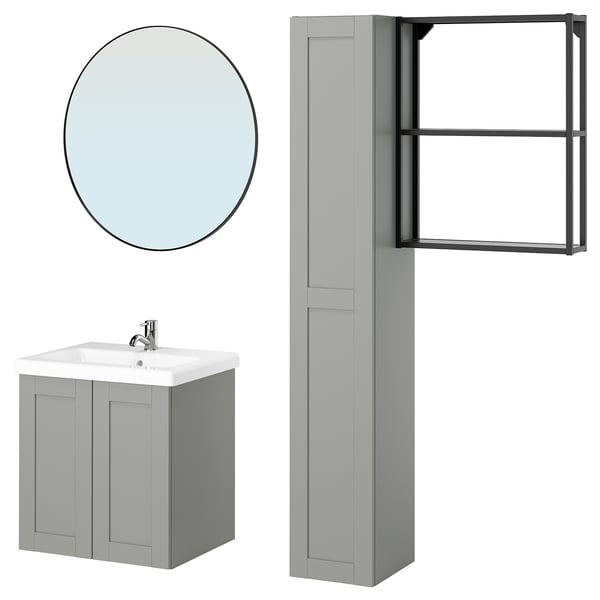 ENHET bathroom set: grey cabinet, round mirror, tall storage with shelves.