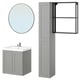 ENHET bathroom set: grey cabinet, round mirror, tall storage with shelves.