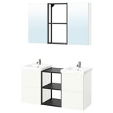 Modern white double bathroom vanity with mirror cabinets, sleek black accents, and two sinks.