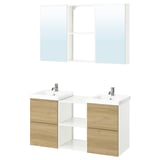Double white oak and white vanity with mirrored cabinets. Modern, symmetrical design for shared use.
