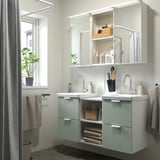 Pale grey-green ENHET bathroom vanity with 2 mirrors & sinks, open/closed storage, 60 wide.