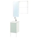ENHET bathroom set: light green cabinet, white sink, chrome faucet, mirror, wall frame.