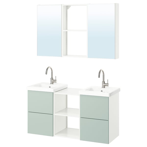 Modern bathroom vanity, green & white, double sinks, mirrored cabinets.