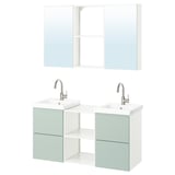 Modern bathroom vanity, green & white, double sinks, mirrored cabinets.