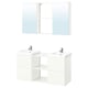 Symmetrical white bathroom vanity with double sinks, mirrors, and storage.