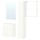 Single vanity set: white cabinet, rectangular sink, glass mirror, high cabinet, metal shelf.
