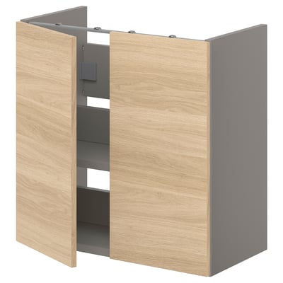 ENHET bathroom cabinet, oak & grey, with shelves. Sleek, rectangular design for neat storage.
