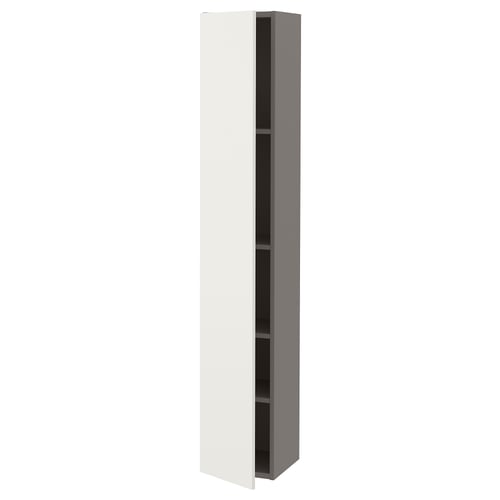 A white ENHET tall storage cabinet with a grey interior and multiple shelves, designed for efficient use of wall space.