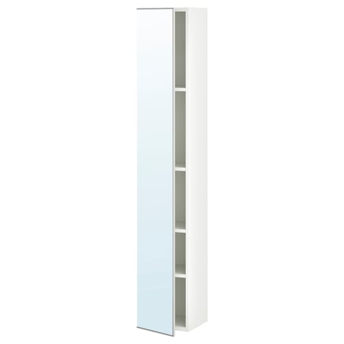 A vertical white cabinet from the ENHET series with mirrored doors, housing four shelves inside.