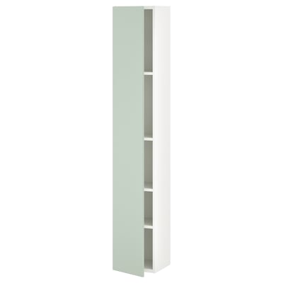 White high cabinet with pale grey-green door, four shelves - modern, slim, wall-mounted.
