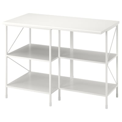 ENHET kitchen island, white. Three shelves, rectangular top, metal frame, modern design.