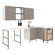 Option: Modern kitchen layout with gray cabinets, stainless sink, black accents; wall & base units, hooks, and storage solutions.