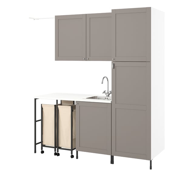 ENHET grey laundry unit: 2 cabinets, sink, counter, laundry bags, chrome tap.
